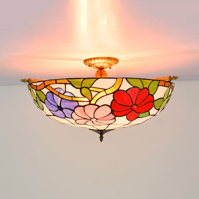 Colorful Stained Glass Flower Ceiling Fixture with 5 Tiffany Style Lights - Pink/Yellow/Blue Semi Flush Mount for Bedroom - Available in 21.5" or 25.5" Width