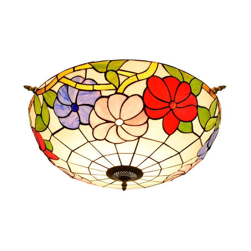 Colorful Stained Glass Flower Ceiling Fixture with 5 Tiffany Style Lights - Pink/Yellow/Blue Semi Flush Mount for Bedroom - Available in 21.5" or 25.5" Width