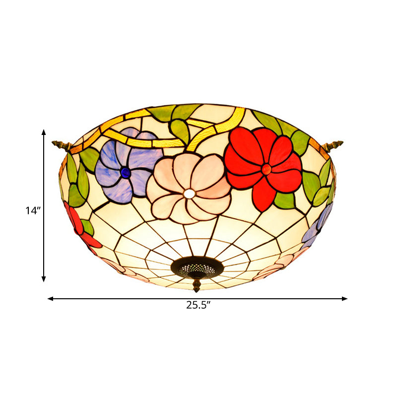 Colorful Stained Glass Flower Ceiling Fixture with 5 Tiffany Style Lights - Pink/Yellow/Blue Semi Flush Mount for Bedroom - Available in 21.5" or 25.5" Width