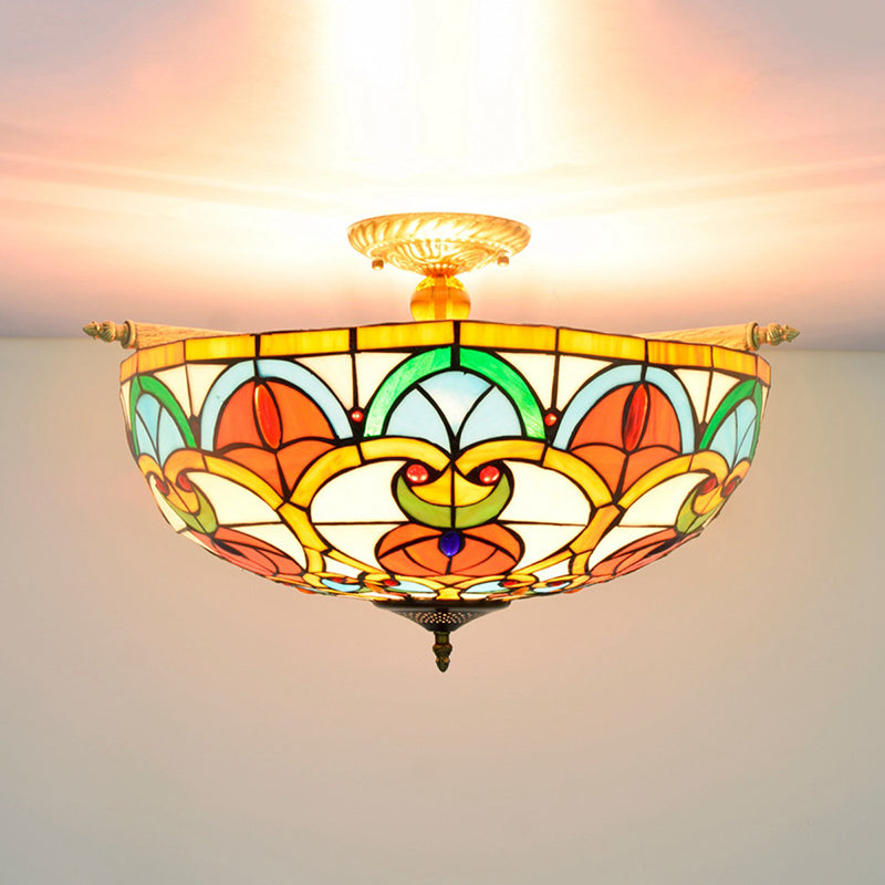 Baroque 5-Bulb Multicolored Stained Glass Ceiling Lamp - 21.5/25.5 W Brass Jewel Semi Flush Mount