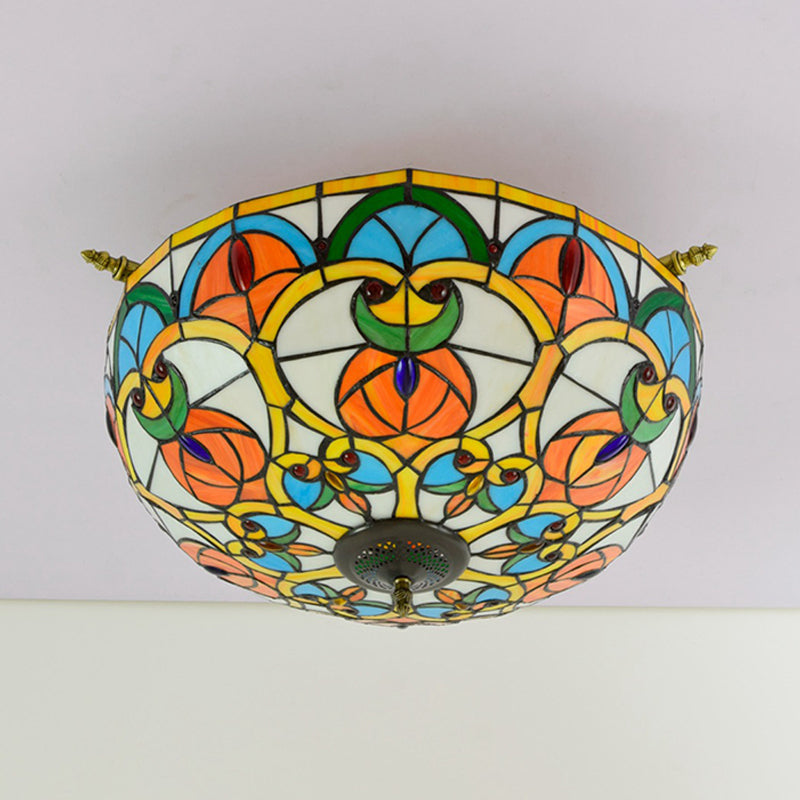 Baroque 5-Bulb Multicolored Stained Glass Ceiling Lamp - 21.5/25.5 W Brass Jewel Semi Flush Mount