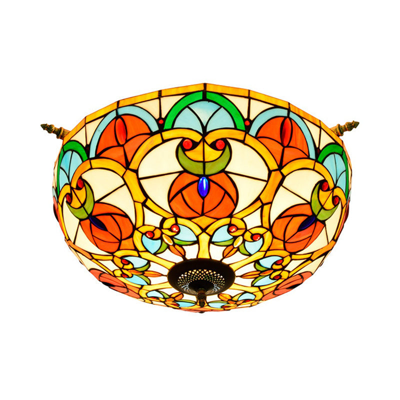 Baroque 5-Bulb Multicolored Stained Glass Ceiling Lamp - 21.5/25.5 W Brass Jewel Semi Flush Mount