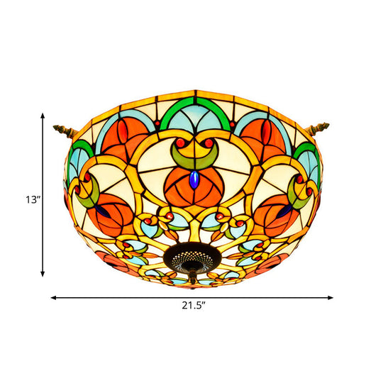 Baroque 5-Bulb Multicolored Stained Glass Ceiling Lamp - 21.5/25.5 W Brass Jewel Semi Flush Mount