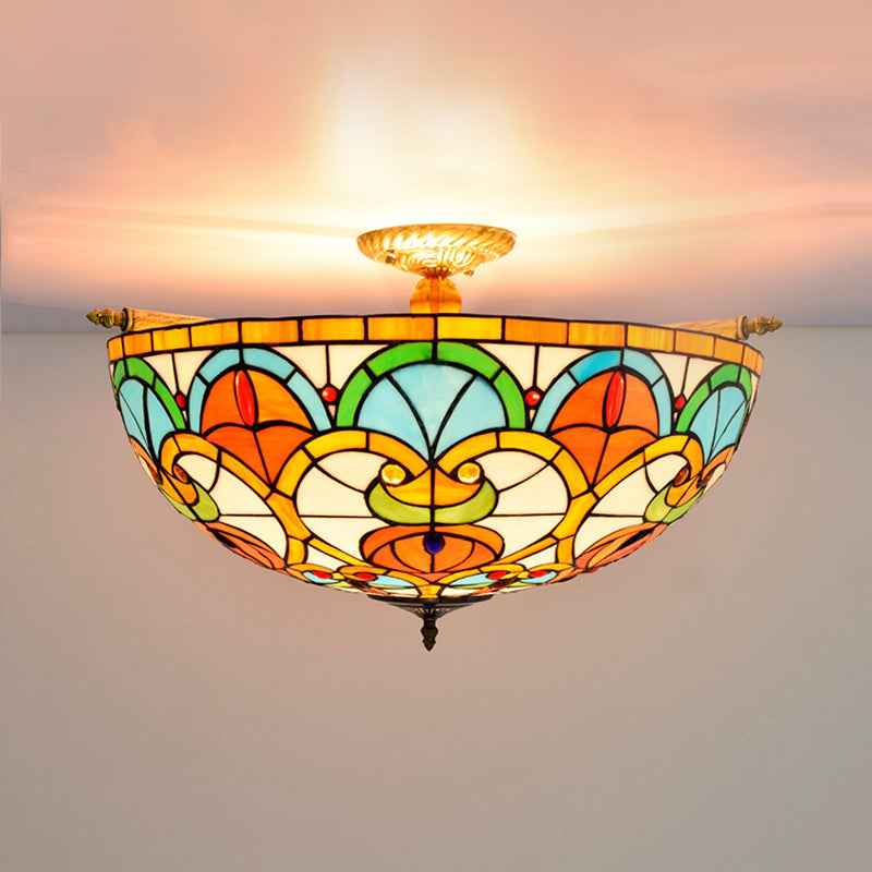 Baroque 5-Bulb Multicolored Stained Glass Ceiling Lamp - 21.5/25.5 W Brass Jewel Semi Flush Mount