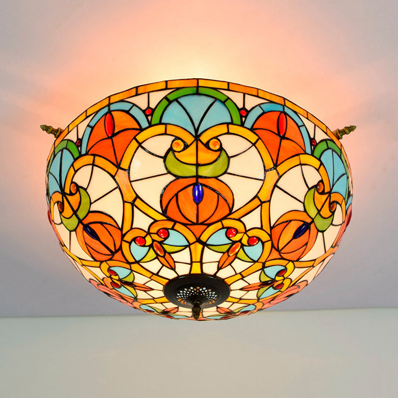 Baroque 5-Bulb Multicolored Stained Glass Ceiling Lamp - 21.5/25.5 W Brass Jewel Semi Flush Mount