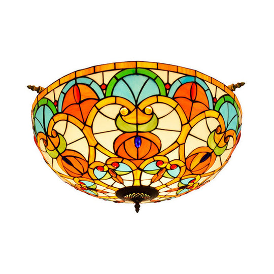 Baroque 5-Bulb Multicolored Stained Glass Ceiling Lamp - 21.5/25.5 W Brass Jewel Semi Flush Mount