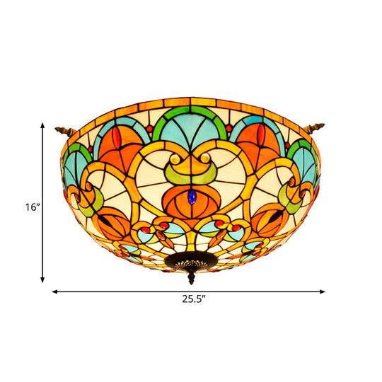 Baroque 5-Bulb Multicolored Stained Glass Ceiling Lamp - 21.5/25.5 W Brass Jewel Semi Flush Mount