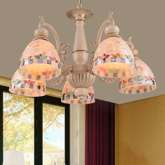 Mediterranean Stained Glass Pendant Chandelier - Beige Mosaic Lamp for Living Room (3/5/9 Lights)