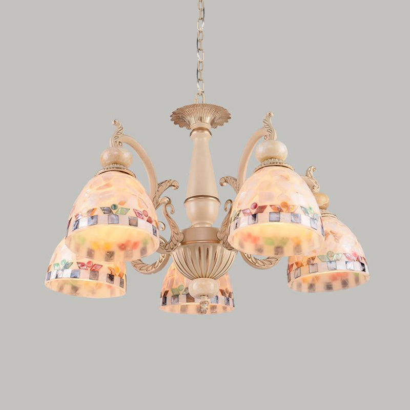 Mediterranean Stained Glass Pendant Chandelier - Beige Mosaic Lamp for Living Room (3/5/9 Lights)