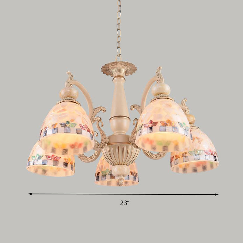 Mediterranean Stained Glass Pendant Chandelier - Beige Mosaic Lamp for Living Room (3/5/9 Lights)