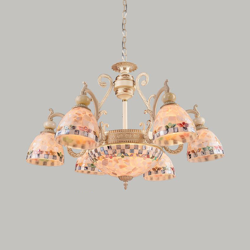 Mediterranean Stained Glass Pendant Chandelier - Beige Mosaic Lamp for Living Room (3/5/9 Lights)