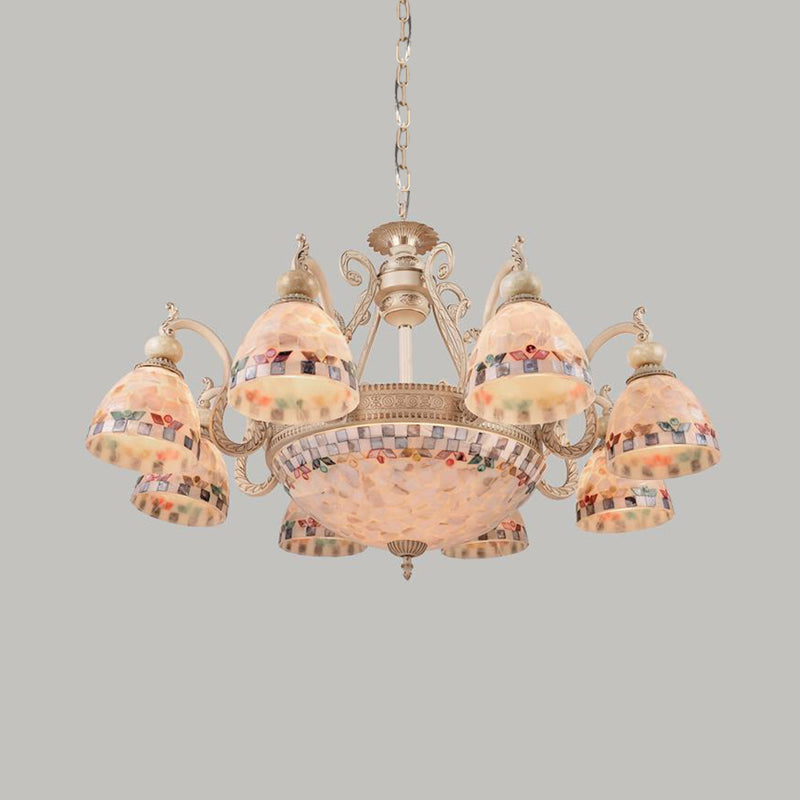 Mediterranean Stained Glass Pendant Chandelier - Beige Mosaic Lamp for Living Room (3/5/9 Lights)