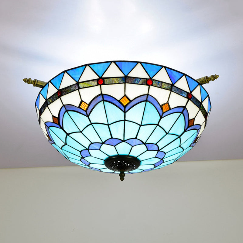 Handcrafted Baroque Dome Semi Flush Mount Stained Glass Ceiling Lamp - 5 Bulbs White/Blue 21.5/25.5