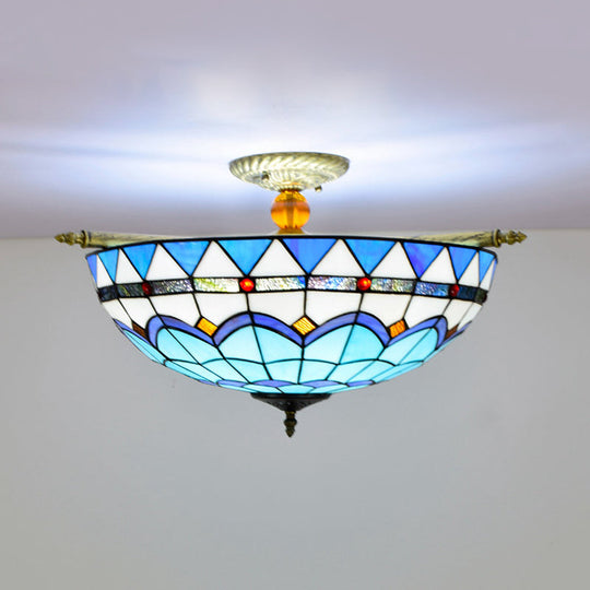 Handcrafted Baroque Dome Semi Flush Mount Ceiling Lamp with 5 Stained Glass Bulbs in White/Blue – 21.5"/25.5" W