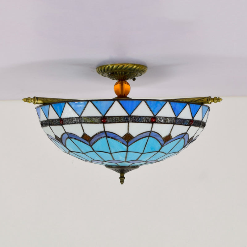 Handcrafted Baroque Dome Semi Flush Mount Ceiling Lamp with 5 Stained Glass Bulbs in White/Blue – 21.5"/25.5" W