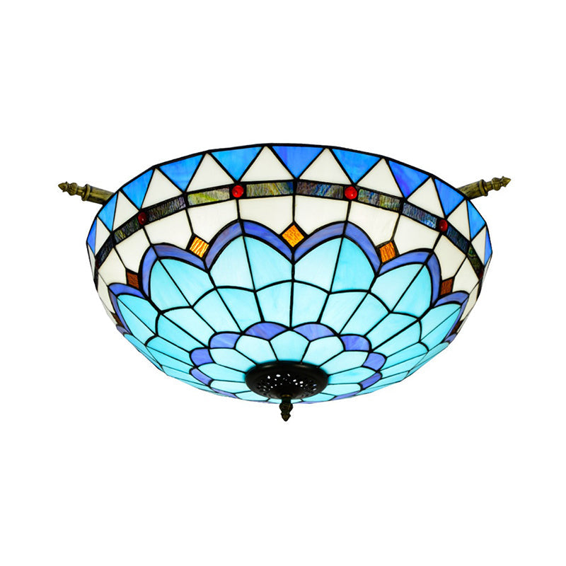 Handcrafted Baroque Dome Semi Flush Mount Ceiling Lamp with 5 Stained Glass Bulbs in White/Blue – 21.5"/25.5" W