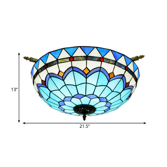 Handcrafted Baroque Dome Semi Flush Mount Ceiling Lamp with 5 Stained Glass Bulbs in White/Blue – 21.5"/25.5" W