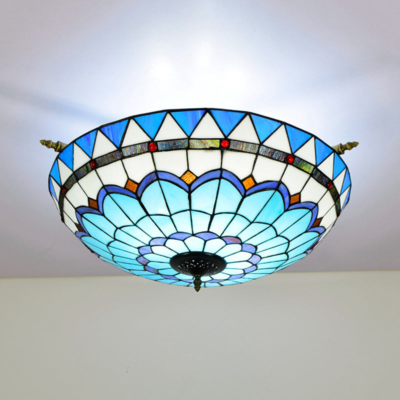 Handcrafted Baroque Dome Semi Flush Mount Ceiling Lamp with 5 Stained Glass Bulbs in White/Blue – 21.5"/25.5" W