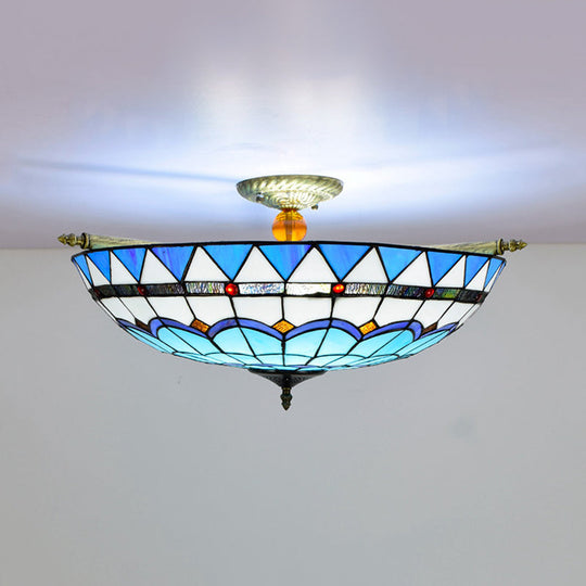 Handcrafted Baroque Dome Semi Flush Mount Ceiling Lamp with 5 Stained Glass Bulbs in White/Blue – 21.5"/25.5" W