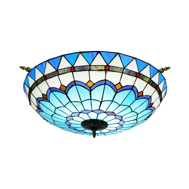 Handcrafted Baroque Dome Semi Flush Mount Ceiling Lamp with 5 Stained Glass Bulbs in White/Blue – 21.5"/25.5" W