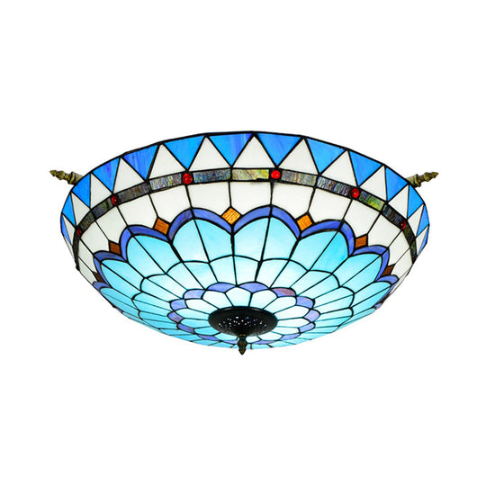 Handcrafted Baroque Dome Semi Flush Mount Ceiling Lamp with 5 Stained Glass Bulbs in White/Blue – 21.5"/25.5" W