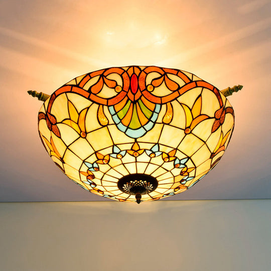 Handcrafted Baroque Dome Semi Flush Mount Stained Glass Ceiling Lamp - 5 Bulbs White/Blue 21.5/25.5