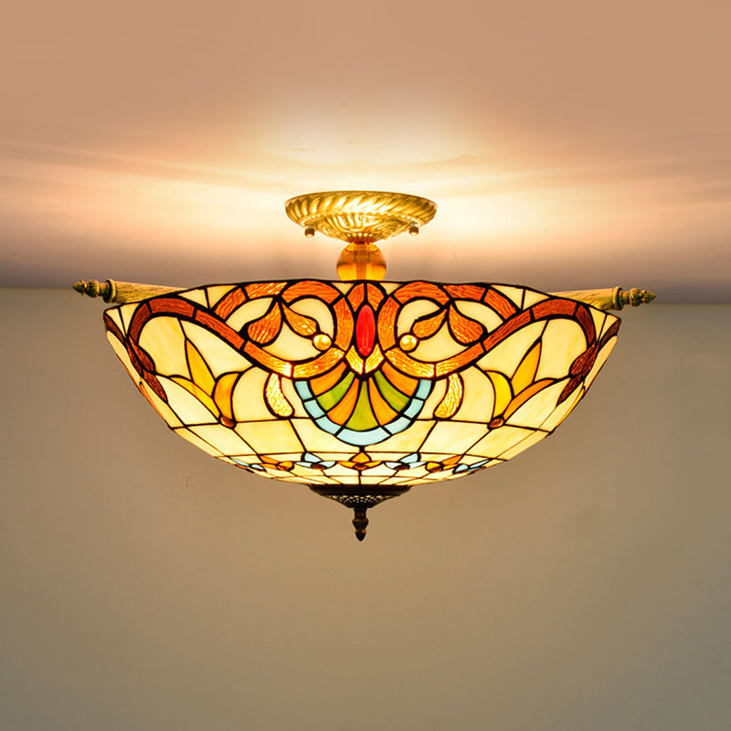 Handcrafted Baroque Dome Semi Flush Mount Ceiling Lamp with 5 Stained Glass Bulbs in White/Blue – 21.5"/25.5" W