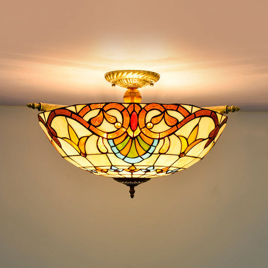 Handcrafted Baroque Dome Semi Flush Mount Stained Glass Ceiling Lamp - 5 Bulbs White/Blue 21.5/25.5