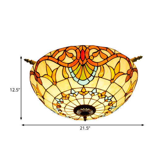 Handcrafted Baroque Dome Semi Flush Mount Stained Glass Ceiling Lamp - 5 Bulbs White/Blue 21.5/25.5