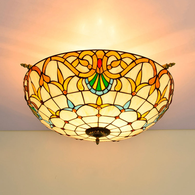 Handcrafted Baroque Dome Semi Flush Mount Stained Glass Ceiling Lamp - 5 Bulbs White/Blue 21.5/25.5