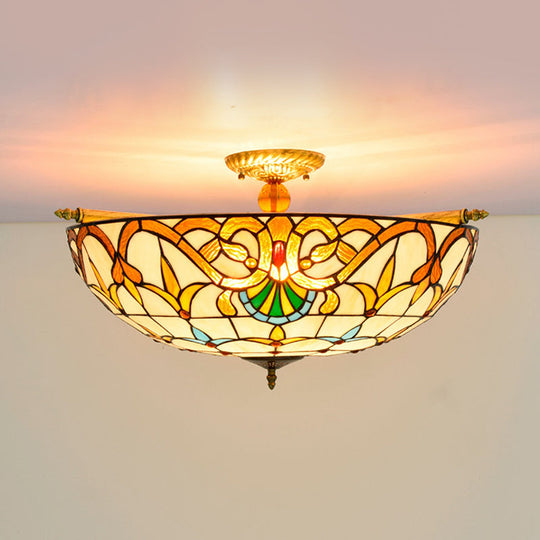 Handcrafted Baroque Dome Semi Flush Mount Ceiling Lamp with 5 Stained Glass Bulbs in White/Blue – 21.5"/25.5" W