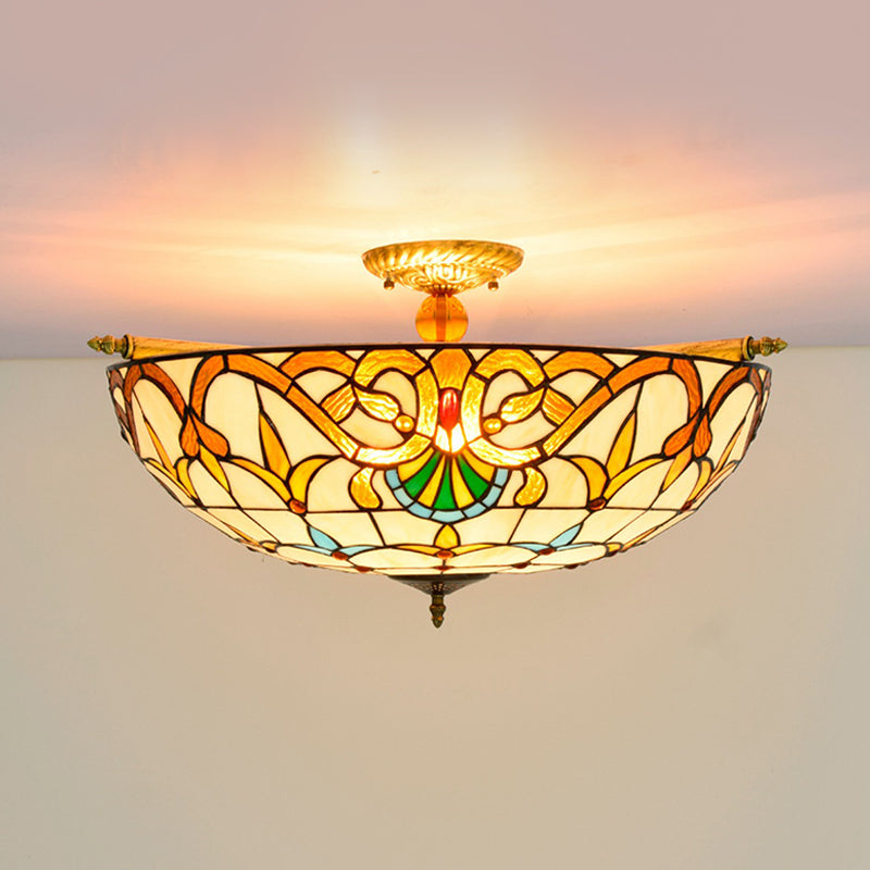 Handcrafted Baroque Dome Semi Flush Mount Stained Glass Ceiling Lamp - 5 Bulbs White/Blue 21.5/25.5