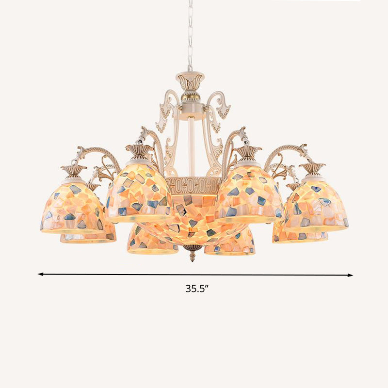 White and Gold Stained Glass Tiffany Pendant Chandelier - Dome Design with 3/5/9 Lights - Ceiling Lighting