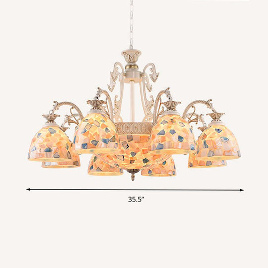 White And Gold Stained Glass Dome Chandelier - Tiffany Pendant Light With 3/5/9 Lights