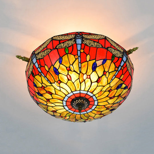 Dragonfly Ceiling Tiffany Brass Stained Glass Flush Mount Light - 5 Lights, 21.5"/25.5" Width