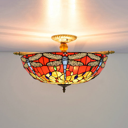 Dragonfly Ceiling Tiffany Brass Stained Glass Flush Mount Light - 5 Lights, 21.5"/25.5" Width