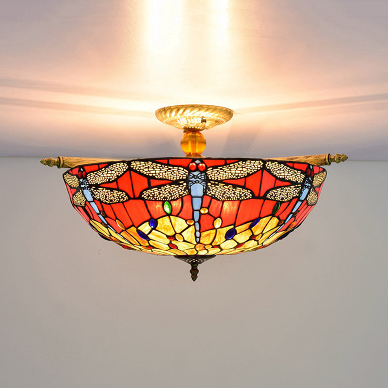 Dragonfly Stained Glass Semi Flush Mount Light - Tiffany Brass Finish 5 Lights 21.5/25.5 Width