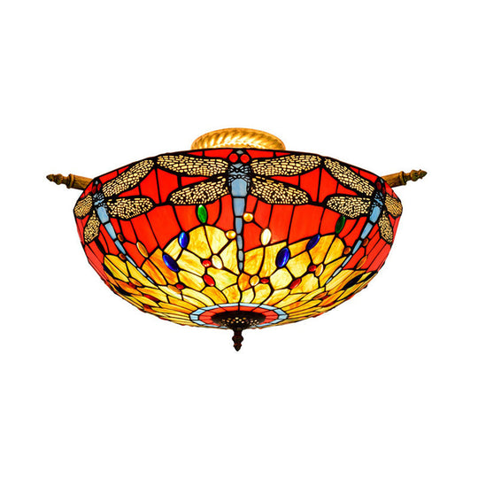 Dragonfly Ceiling Tiffany Brass Stained Glass Flush Mount Light - 5 Lights, 21.5"/25.5" Width