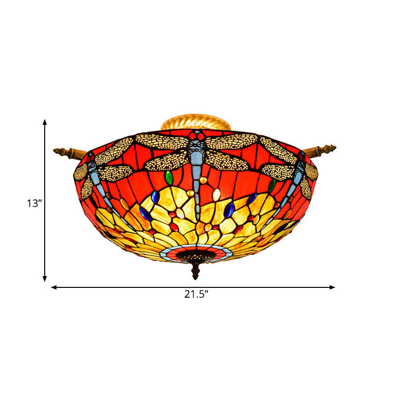 Dragonfly Ceiling Tiffany Brass Stained Glass Flush Mount Light - 5 Lights, 21.5"/25.5" Width