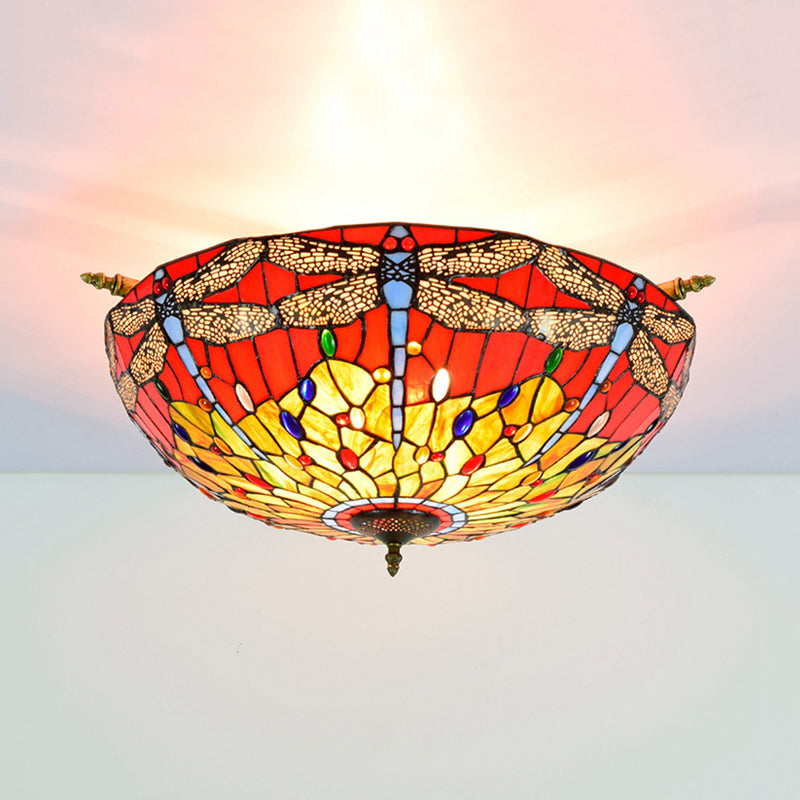 Dragonfly Stained Glass Semi Flush Mount Light - Tiffany Brass Finish 5 Lights 21.5/25.5 Width /