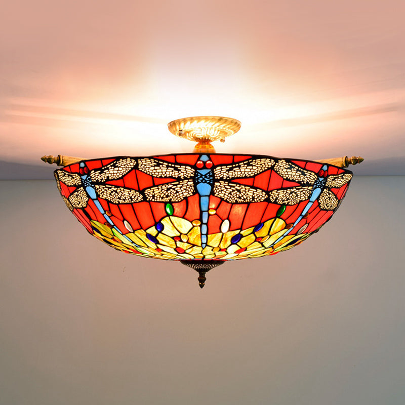 Dragonfly Ceiling Tiffany Brass Stained Glass Flush Mount Light - 5 Lights, 21.5"/25.5" Width