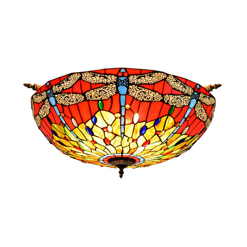 Dragonfly Ceiling Tiffany Brass Stained Glass Flush Mount Light - 5 Lights, 21.5"/25.5" Width