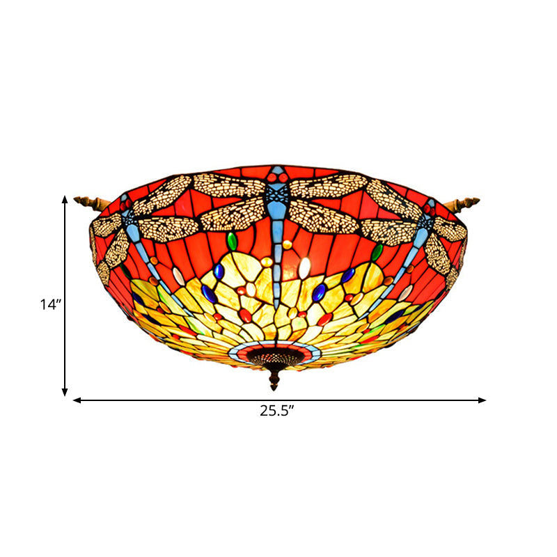 Dragonfly Ceiling Tiffany Brass Stained Glass Flush Mount Light - 5 Lights, 21.5"/25.5" Width