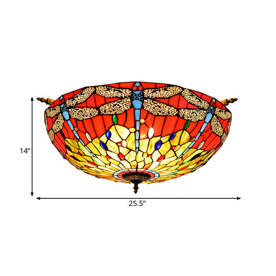 Dragonfly Ceiling Tiffany Brass Stained Glass Flush Mount Light - 5 Lights, 21.5"/25.5" Width