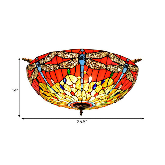 Dragonfly Stained Glass Semi Flush Mount Light - Tiffany Brass Finish 5 Lights 21.5/25.5 Width