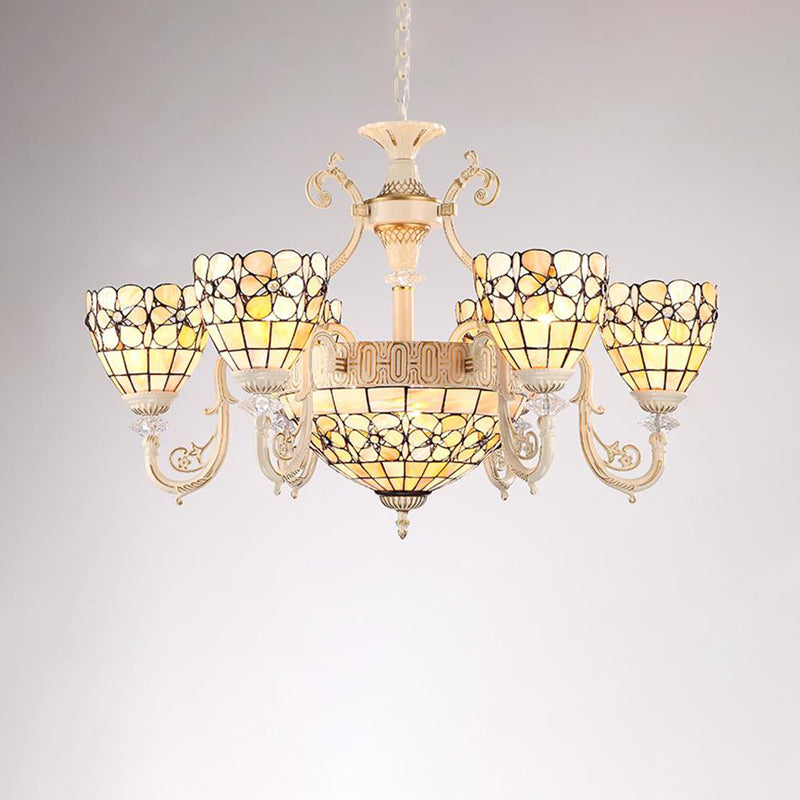 Tiffany Beige Chandelier: 8-Light Suspension With Stained Glass Flower Shade For Living Room