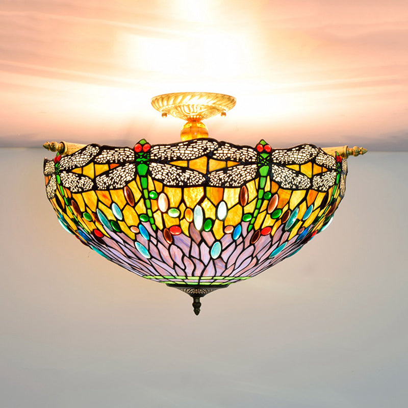 Tiffany-Style Dragonfly Stained Art Glass Ceiling Flush Mount with 5 Red/Blue Heads