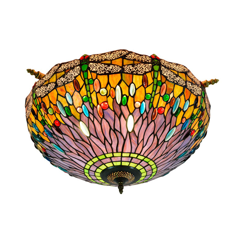 Tiffany-Style Dragonfly Stained Art Glass Ceiling Flush Mount with 5 Red/Blue Heads