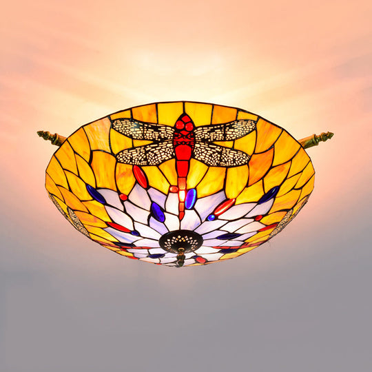 Tiffany Style Dragonfly Ceiling Fixture - Stained Glass 5-Light Semi Flush Mount - Elegant Brass Décor for Bedroom