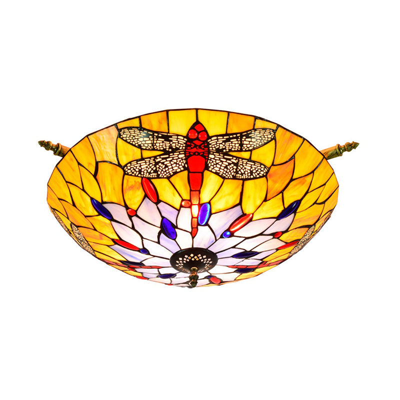 Tiffany Style Dragonfly Ceiling Fixture - Stained Glass 5-Light Semi Flush Mount - Elegant Brass Décor for Bedroom